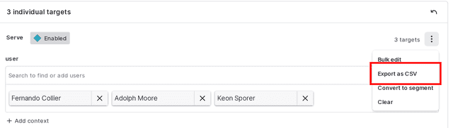 The "Individual targets" section with the "Export as CSV" option for user contexts called out.