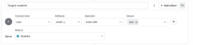 A targeting rule that serves "Available" to all user contexts that contain an "email" attribute with a value that ends in ".edu".