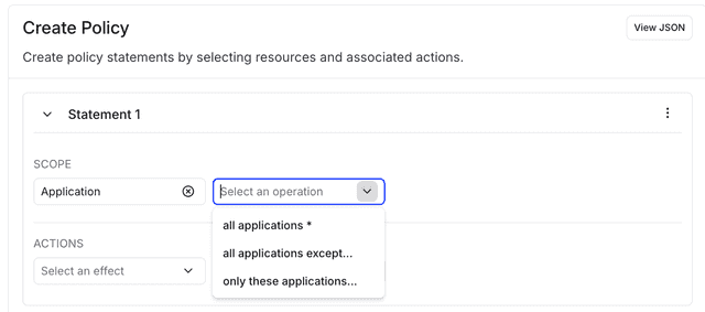 The "Scope" and "Select [resources]" menus when defining a policy scoped to a select set of applications.