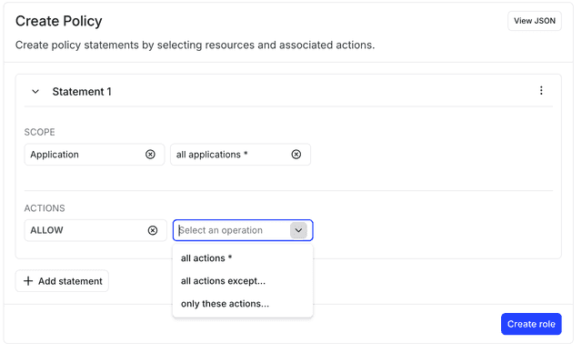 The "Actions" and "Select actions" menus when defining a policy.