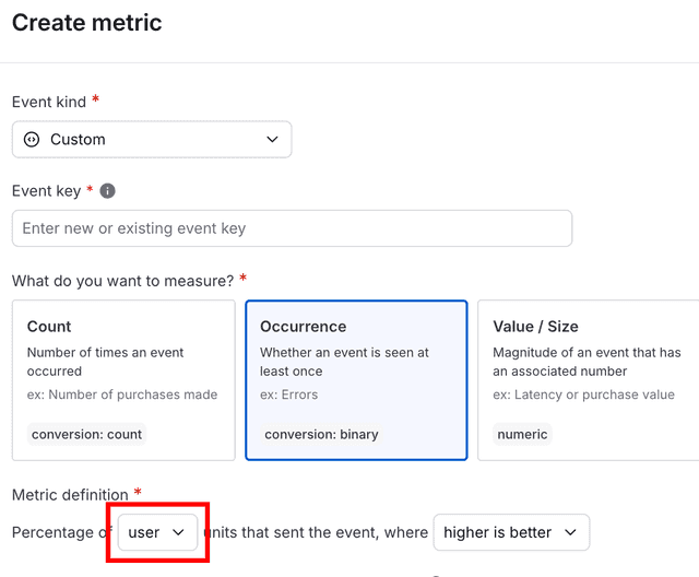 The "Metric definition" section of a new metric with the randomization unit mapping field called out.