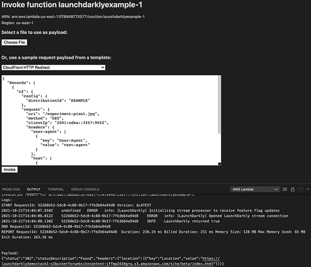 Invoking the Lambda with a sample payload.