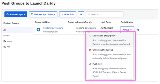 Unlink and deactivate group push in Okta.