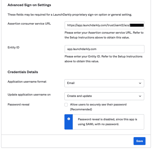 The "Credentials Details" screen, with username format set to "Email."