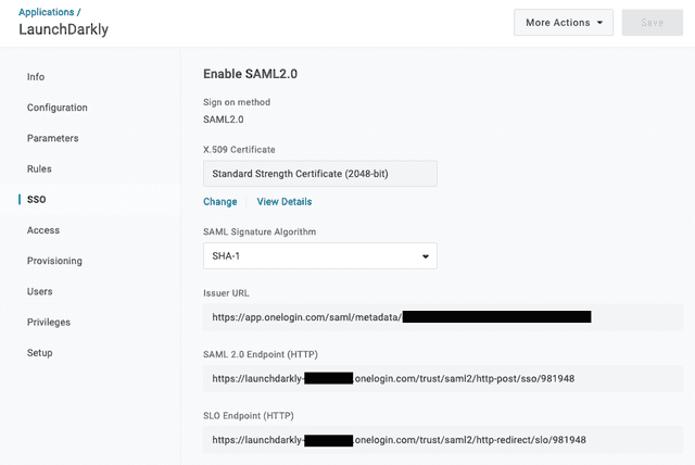 The SSO section of LaunchDarkly.