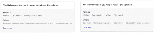 The formula for the data mean in an experiment's results table when CUPED is applied.