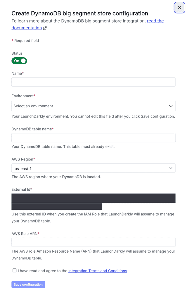 The "Create configuration" panel for a DynamoDB integration.