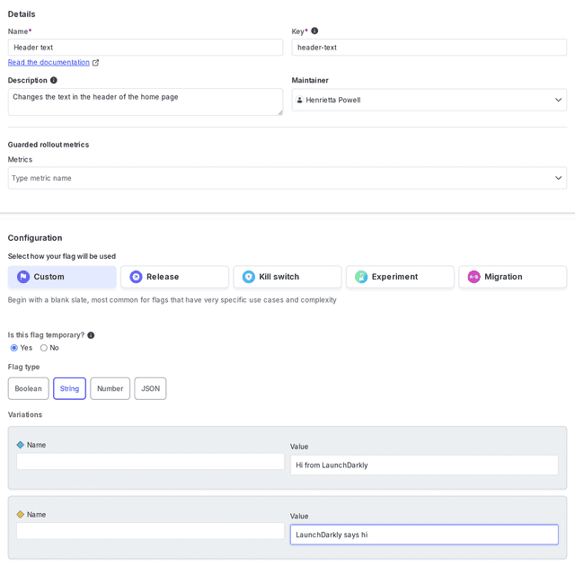 The "Create a feature flag" panel with string flag options chosen.