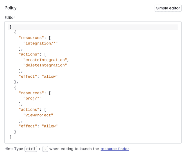 The inline policy for the Compass integration access token.