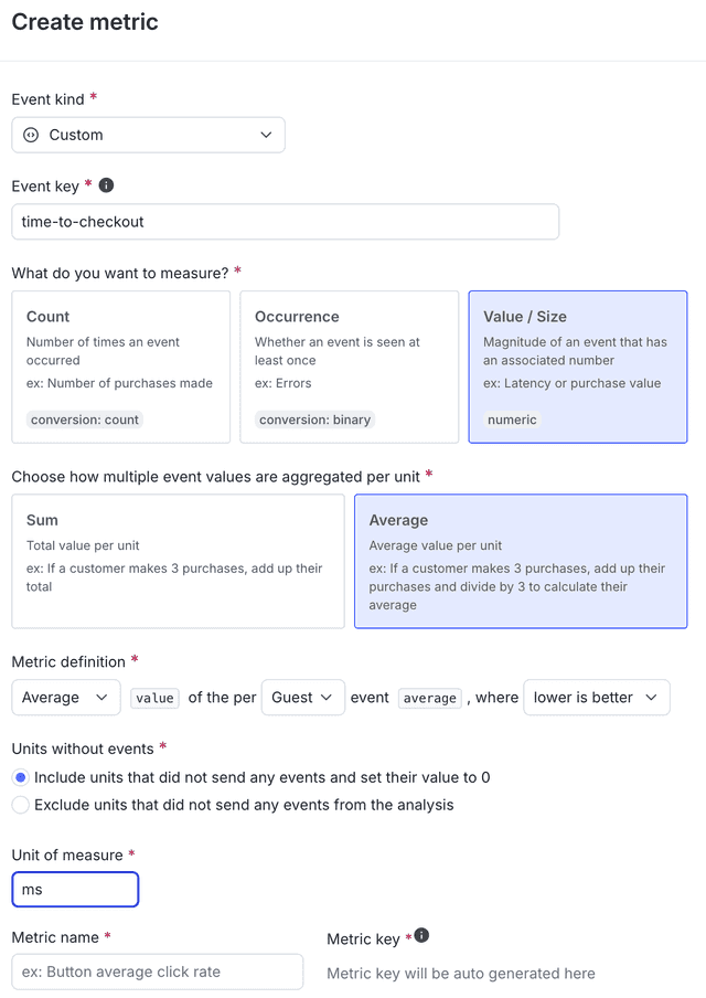 The "Metric definition" section for a custom numeric metric.