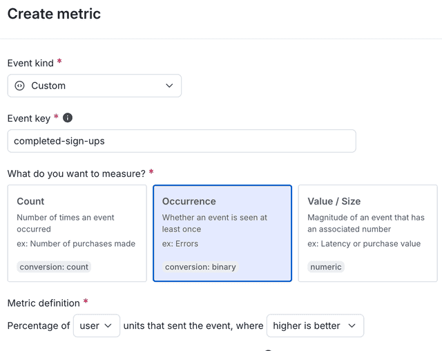 The "Create metric" dialog for a new custom conversion binary metric.