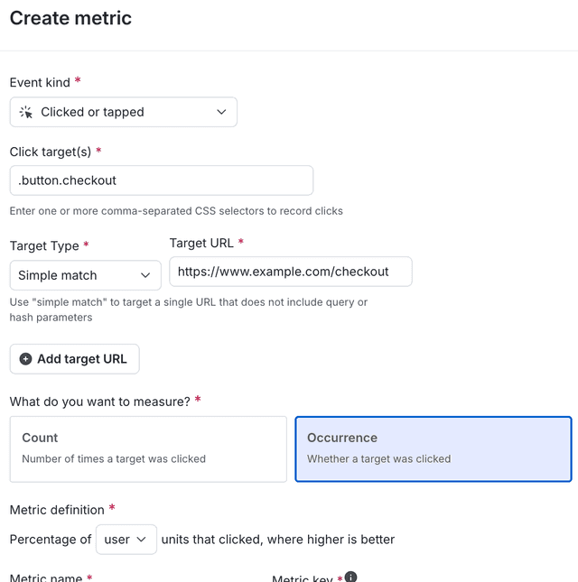 The "Create metric" dialog for a new click conversion metric.