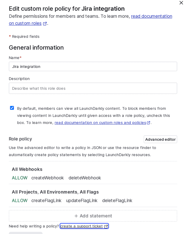 An access token's custom role configured to grant access to webhooks and flag links.