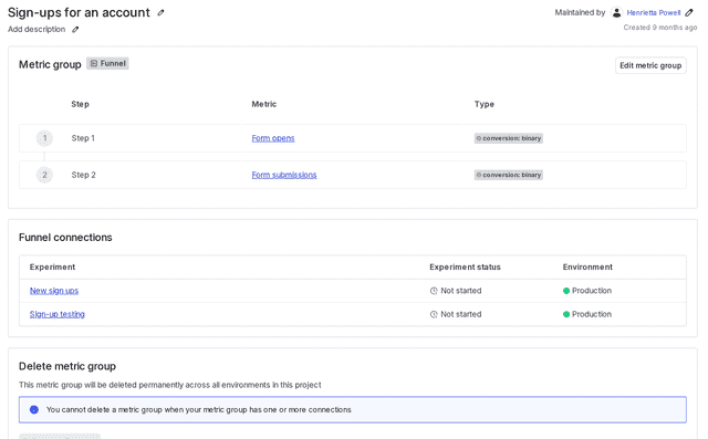 A metric group details page.