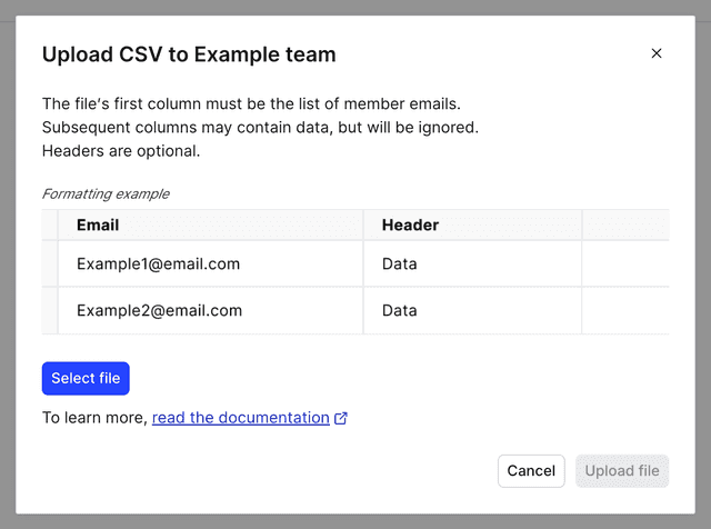 The "Upload CSV" dialog.