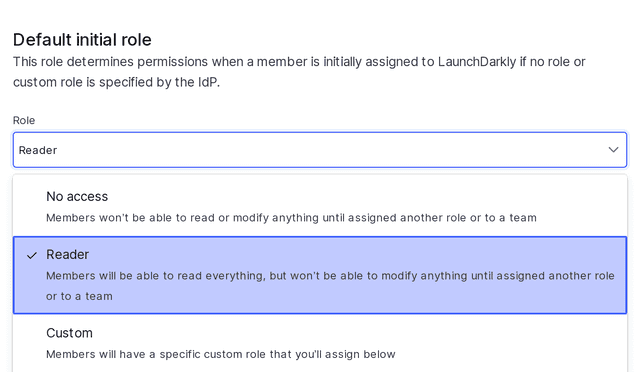 The "Default initial role" section of the SAML configuration panel.