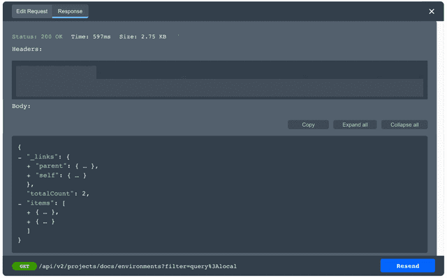 The 200 success code and JSON object response for a GET request placed from the LaunchDarkly API documentation.