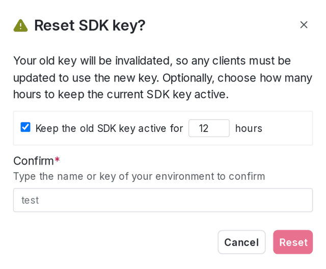 The SDK key reset dialog.