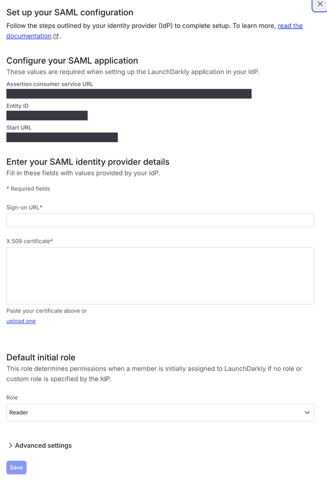 LaunchDarkly's SAML Configuration panel.