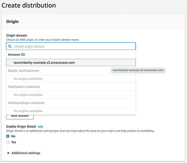 Choosing the S3 bucket for our CloudFront distribution.