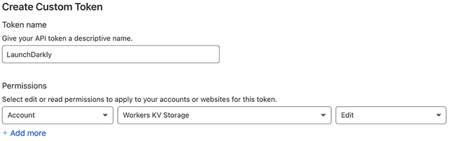 Cloudflare token permissions on the "Create Custom Token" screen.