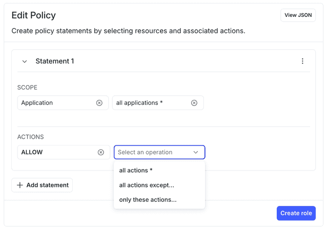 The "Actions" and "Select actions" menus when defining a policy.