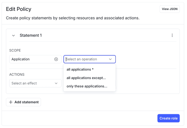 The "Scope" and "Select [resources]" menus when defining a policy scoped to a select set of applications.