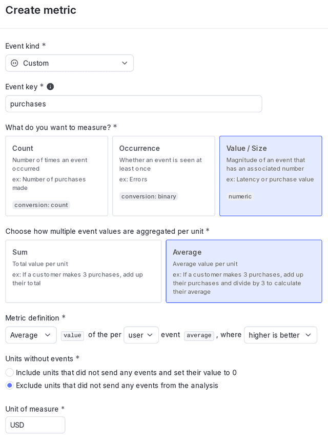 The metric creation dialog.