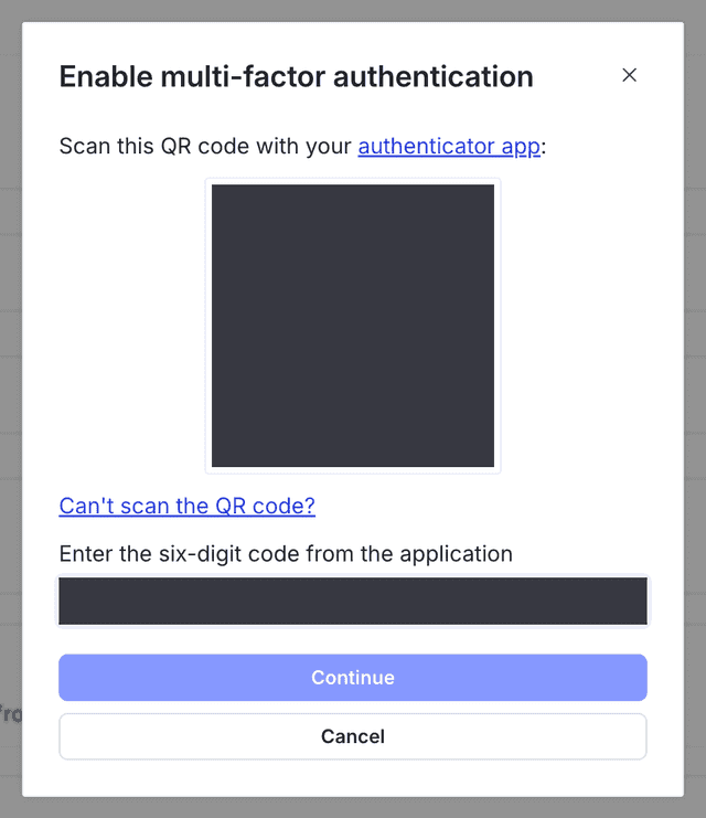 The "Enable multi-factor authentication" dialog with an obscured six digit code.