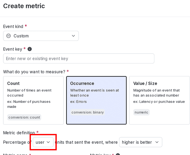 The "Metric definition" section of a new metric with the randomization unit mapping field called out.