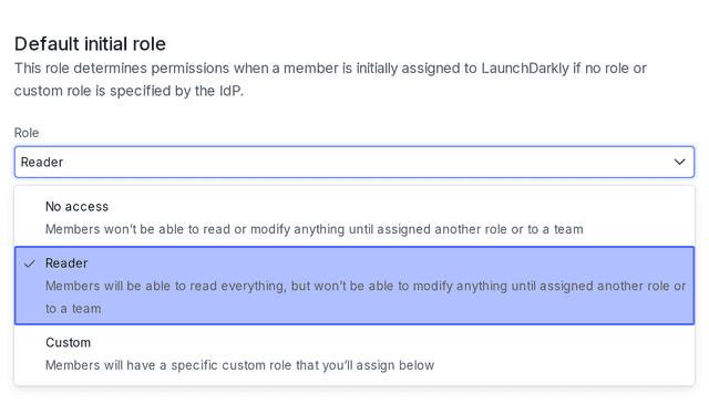 The "Default initial role" section of the SAML configuration panel.