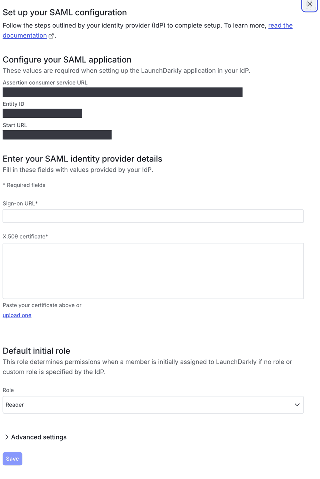 LaunchDarkly's SAML Configuration panel.