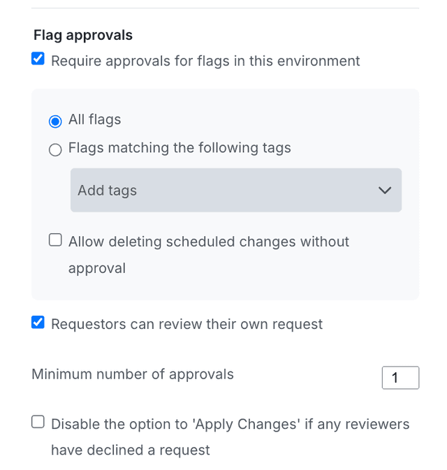 The Approval settings panel, showing the Flag approvals section.