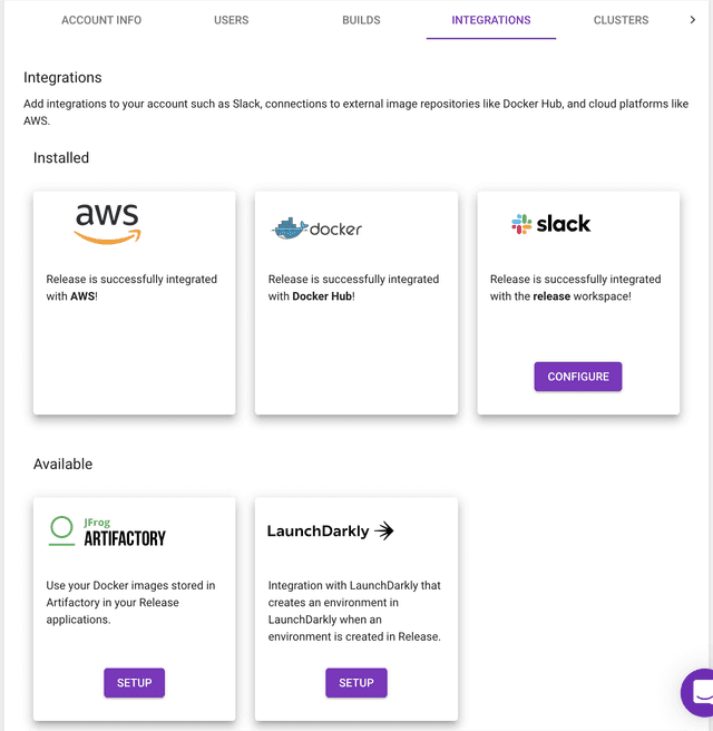 The Integrations menu.