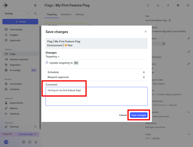 The menu to commit changes to our first feature flag.