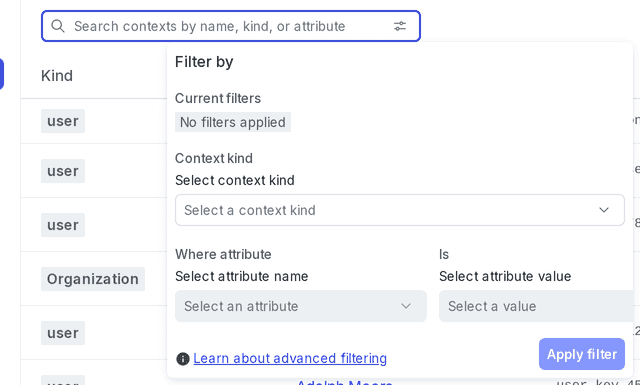 The "Filter by" dialog on the "Contexts" list.