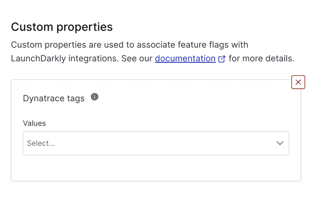 The "Custom Properties" section of a flag page, shown with Dynatrace tags.