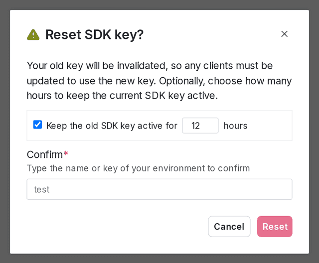 The SDK key reset dialog.