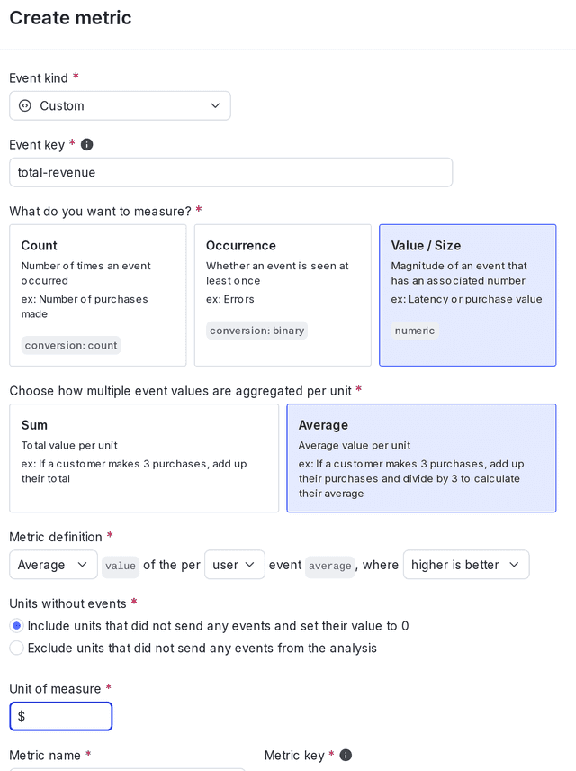 The "Create metric" dialog for a custom numeric metric.