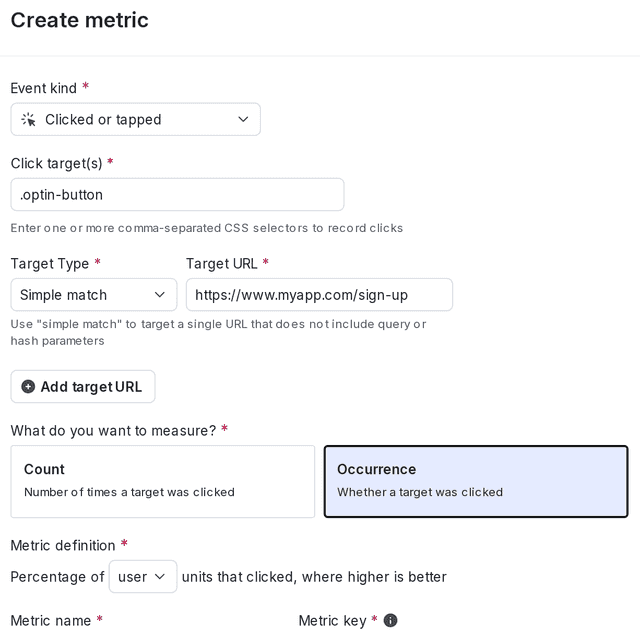 The "Create metric" dialog for a click conversion metric.