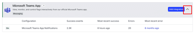 The status table for Microsoft Teams integration connections with the expand arrow called out.