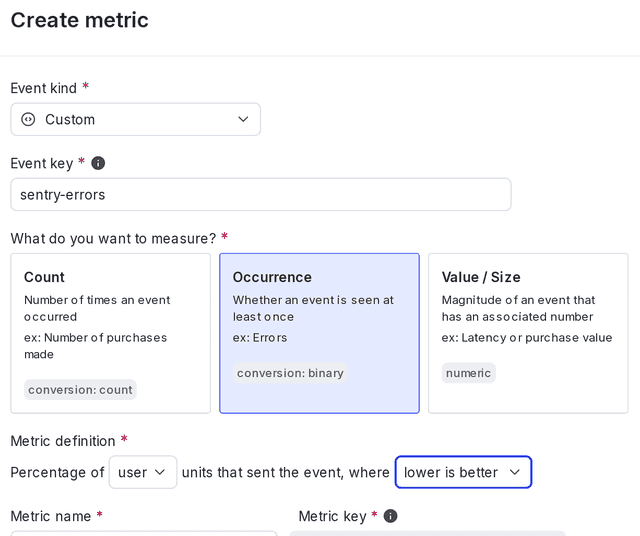 The metric creation dialog.