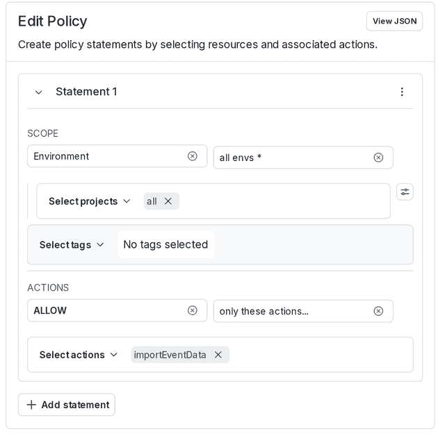 The inline policy for the OpenTelemetry import access token.