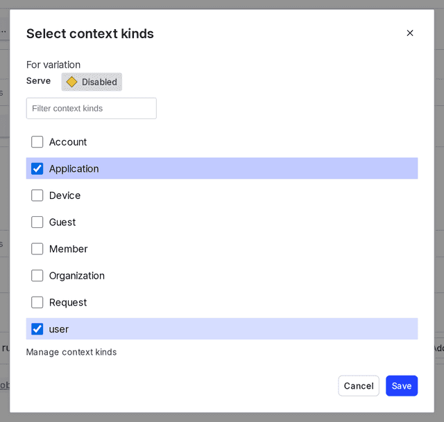 The "Select context kinds" dialog with two context kinds selected.