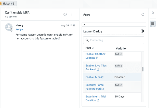 The Zendesk ticket page with the LaunchDarkly integration enabled.