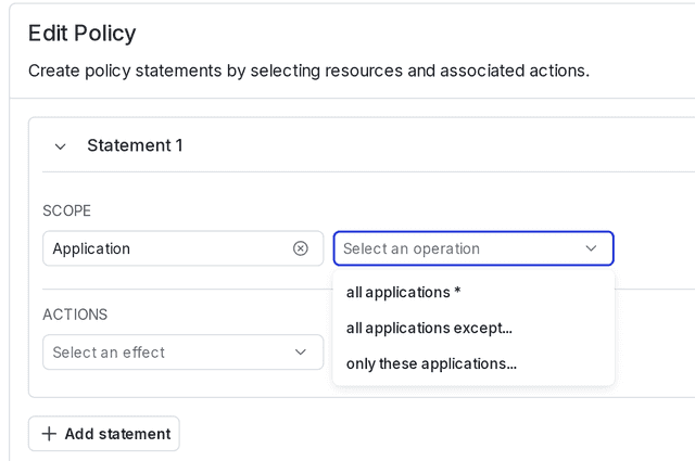 The "Scope" and "Select [resources]" menus when defining a policy scoped to a select set of applications.