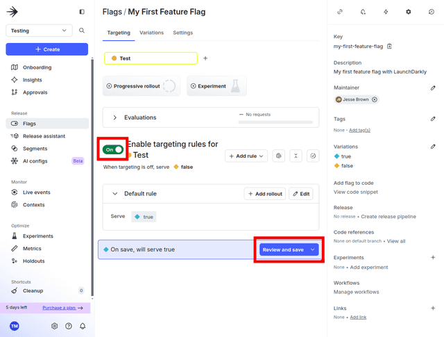 The toggle button to turn on our first feature flag.