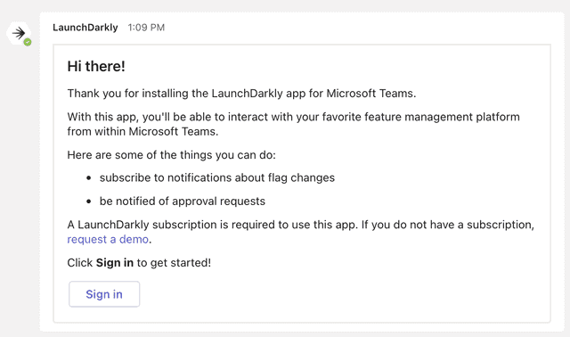 The LaunchDarkly app sign-in screen in Microsoft Teams.