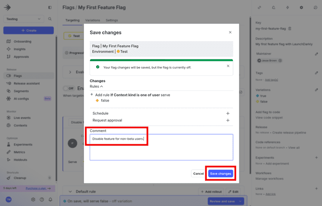 The menu to commit changes to our feature flag.