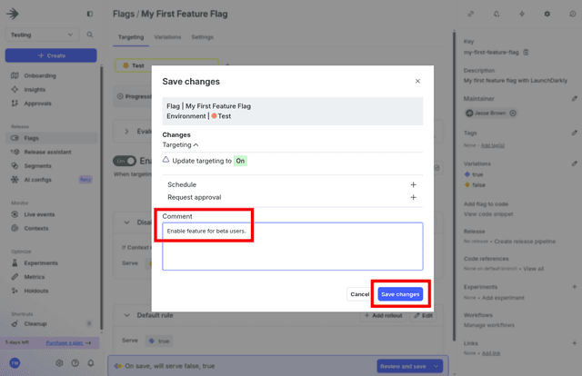 The menu to commit changes to our feature flag.